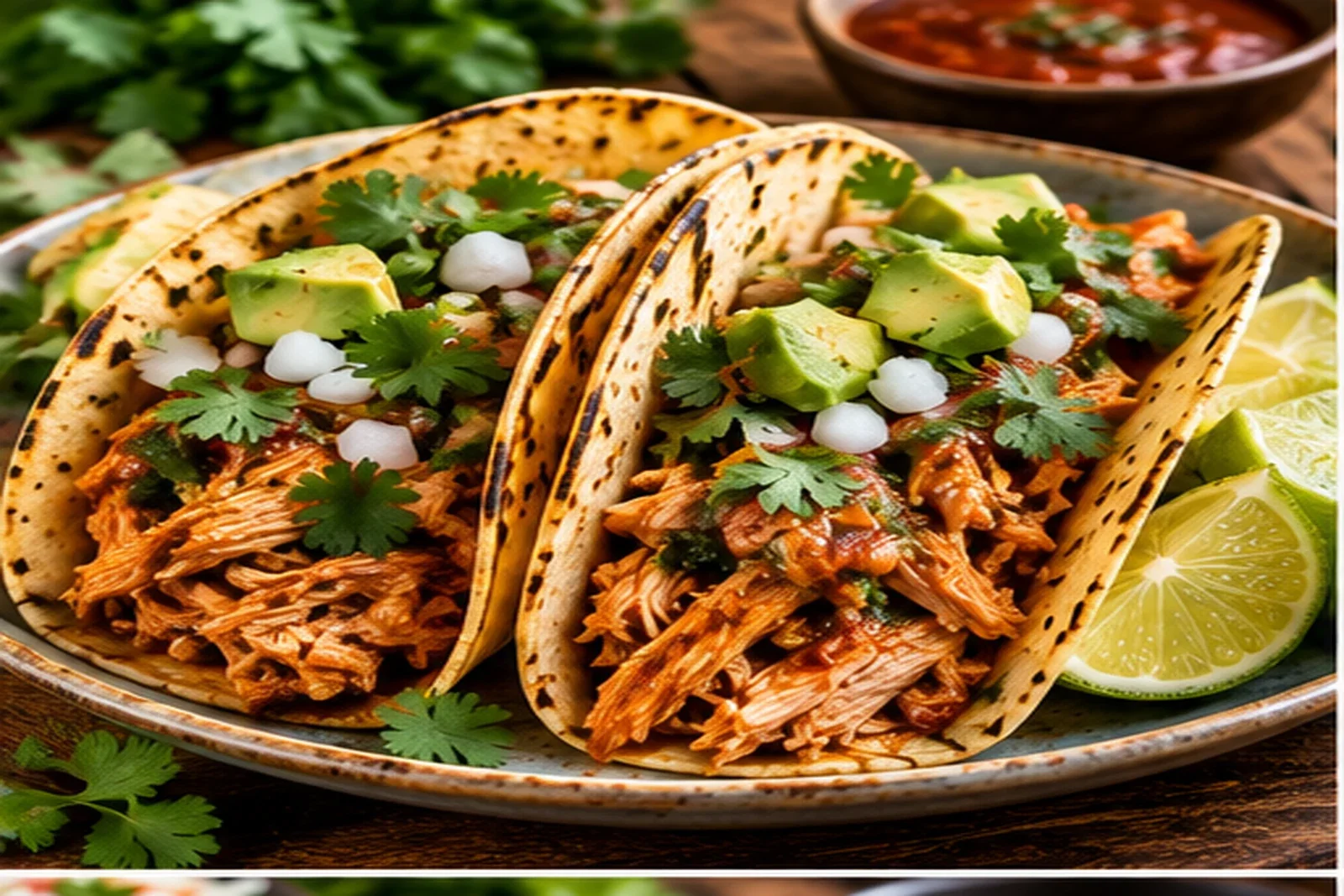 Charred tortillas filled with saucy shredded slow-cooker chicken, avocado, onion, cilantro and lime