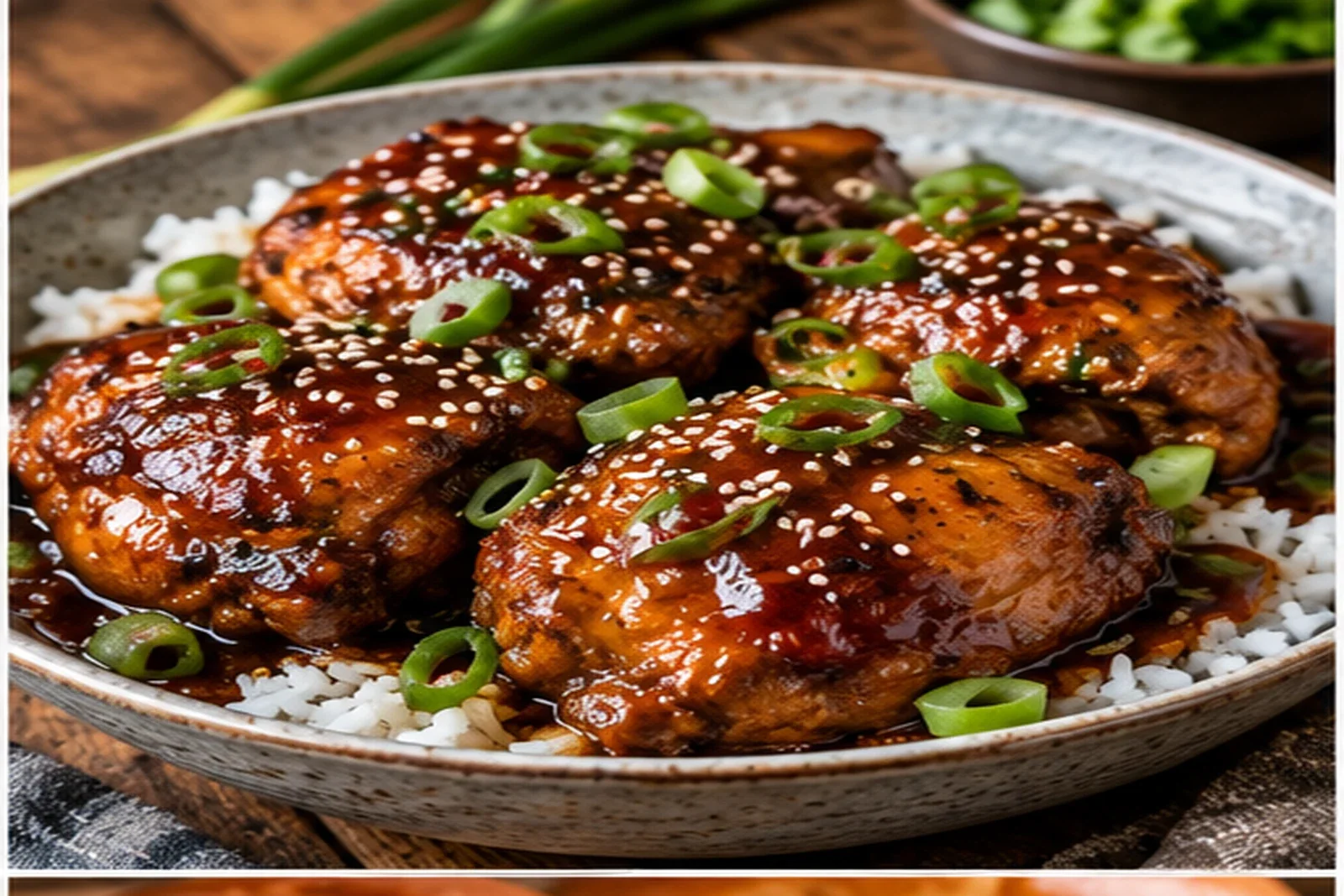 Glossy honey-soy slow cooker chicken thighs over rice with sesame seeds and scallions