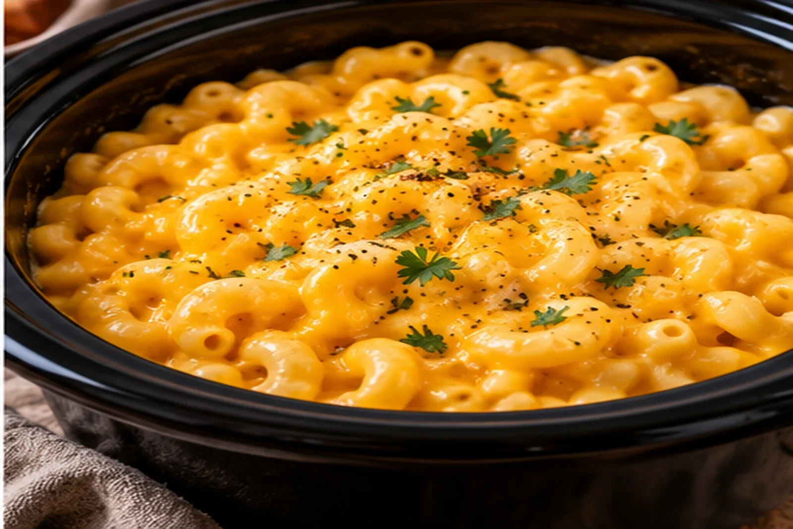 Creamy golden slow cooker macaroni and cheese with glossy cheese sauce and herbs