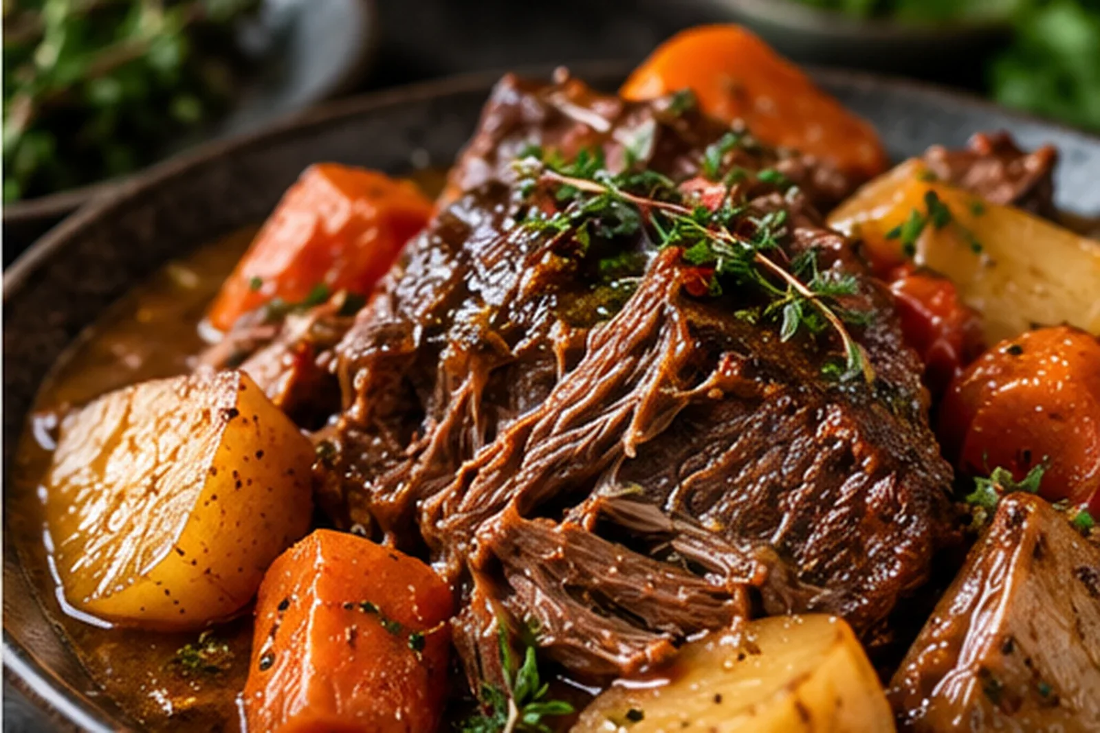 Fork-tender pot roast with carrots potatoes herbs and rich gravy