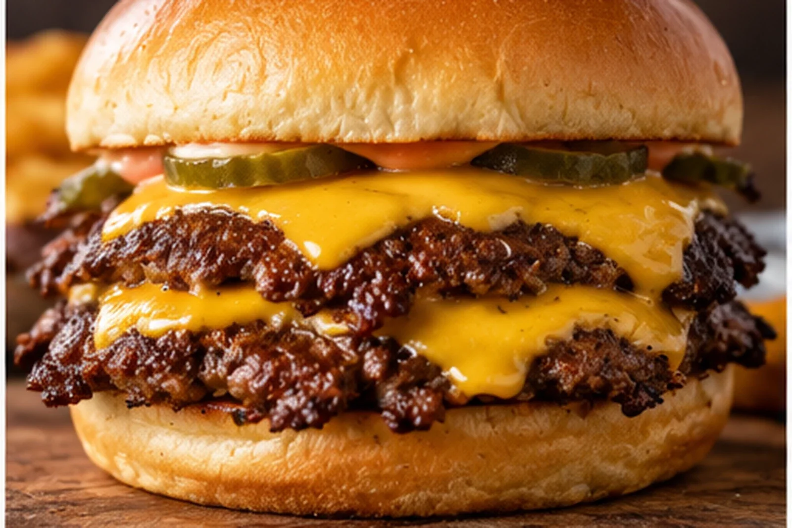 Double smash burger with crispy beef edges and melted cheese on a toasted bun