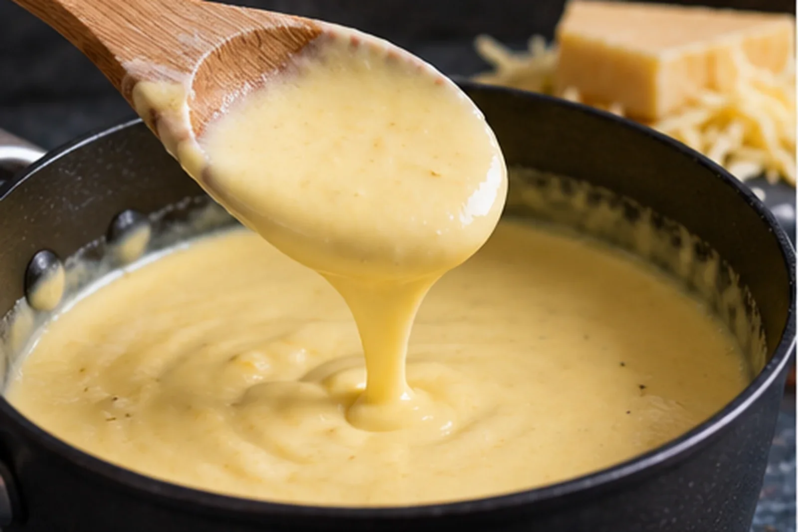 Smooth warm cheddar cheese sauce coating a wooden spoon