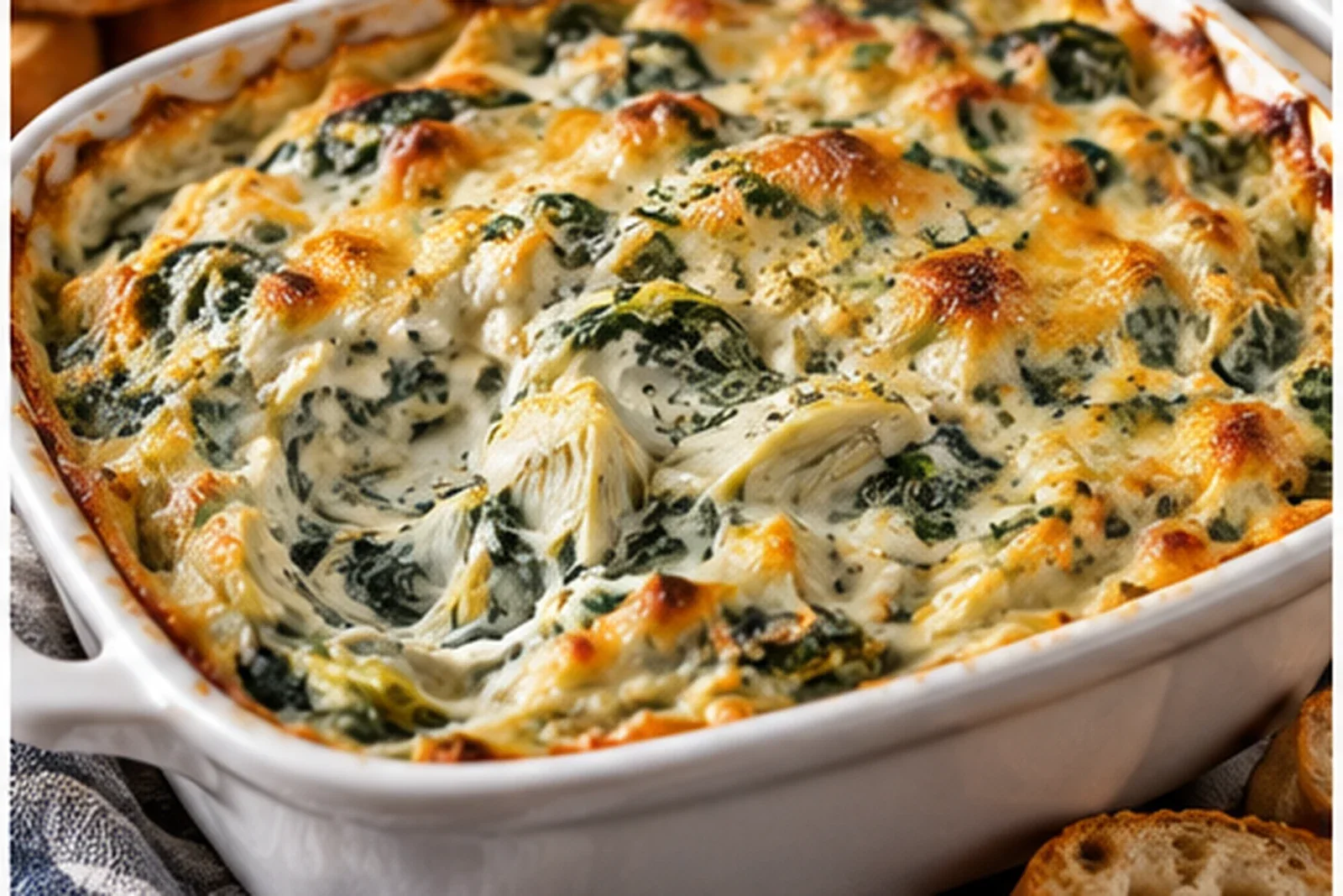 Hot spinach artichoke dip baked until bubbling and golden in a white casserole dish