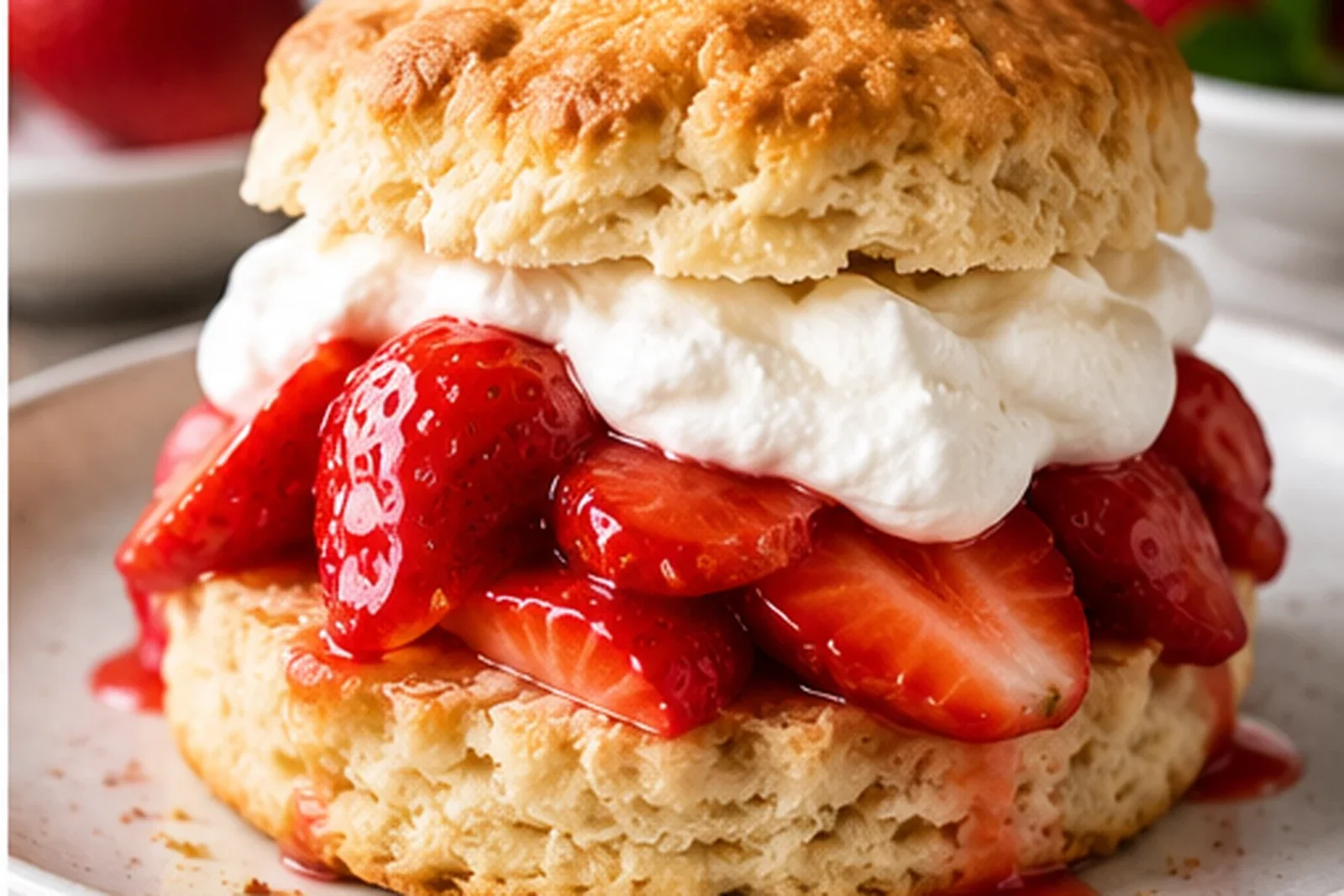 Golden shortcake biscuit filled with macerated strawberries and whipped cream