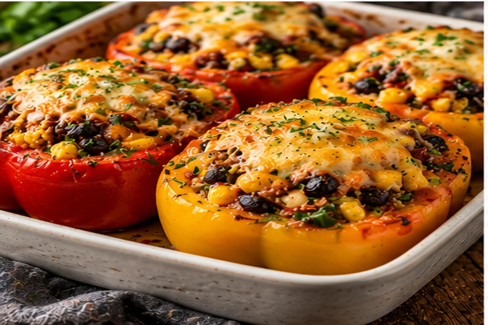 Red and yellow bell peppers filled with black beans, corn, quinoa and melted cheese