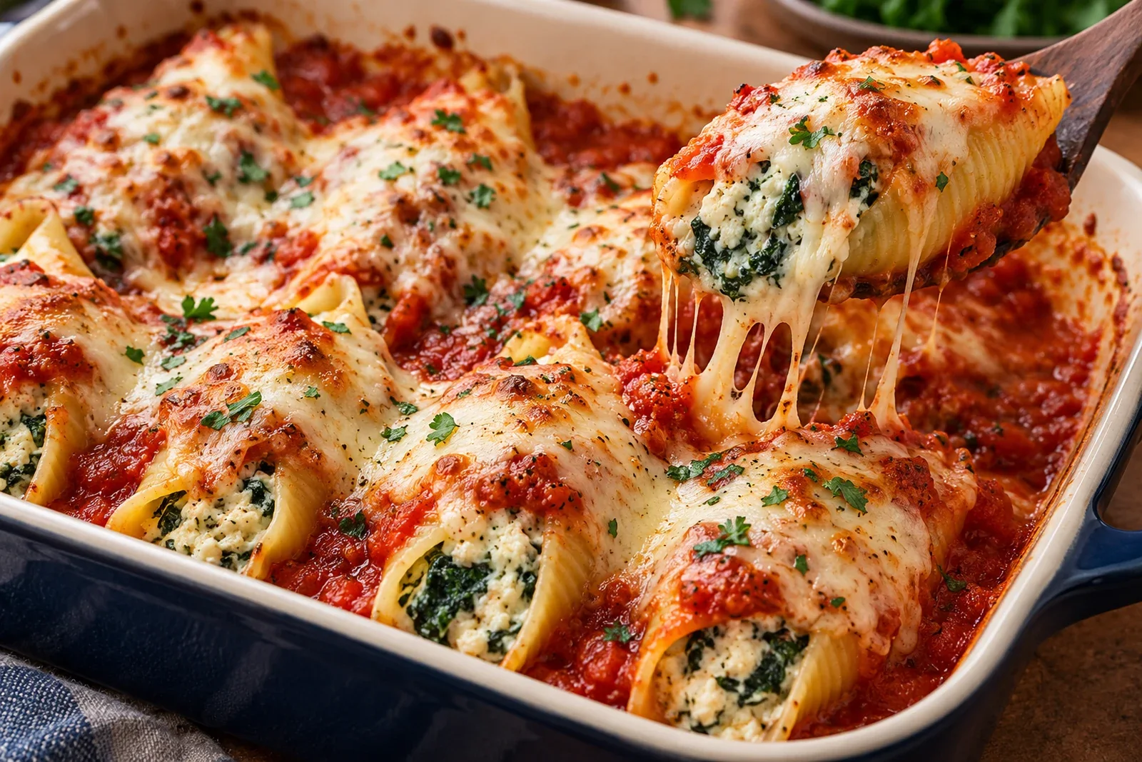 Spinach-ricotta stuffed jumbo pasta shells baked in marinara with golden melted cheese