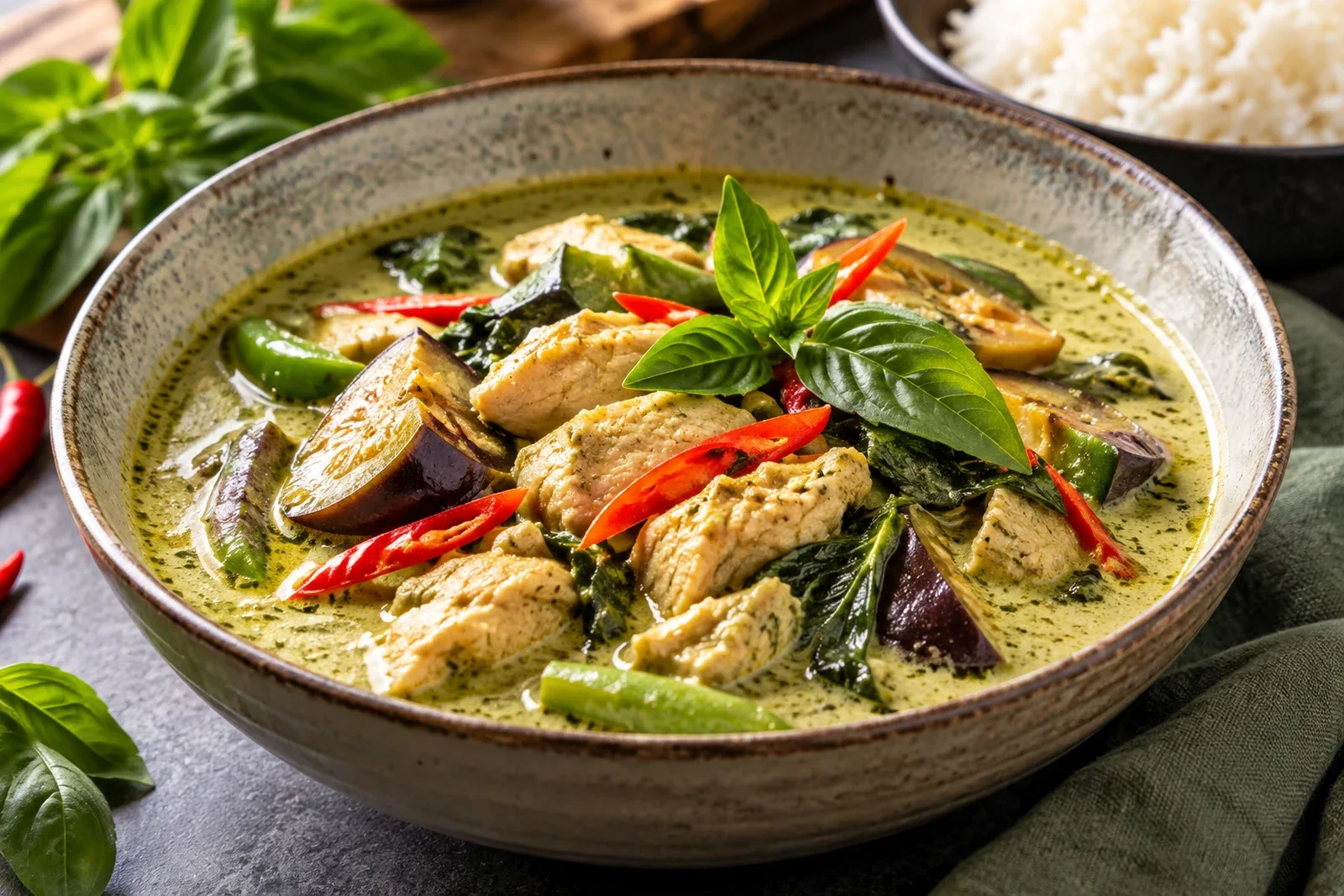 Thai green chicken curry with eggplant, basil, red chile and jasmine rice