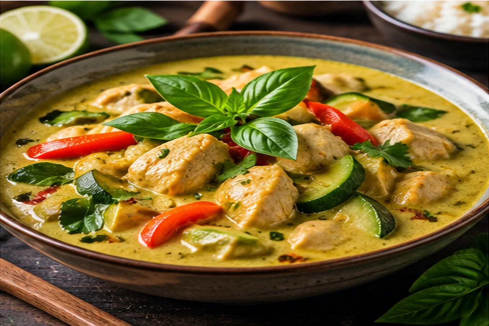 Thai red curry with coconut sauce, vegetables, basil, red chile and jasmine rice