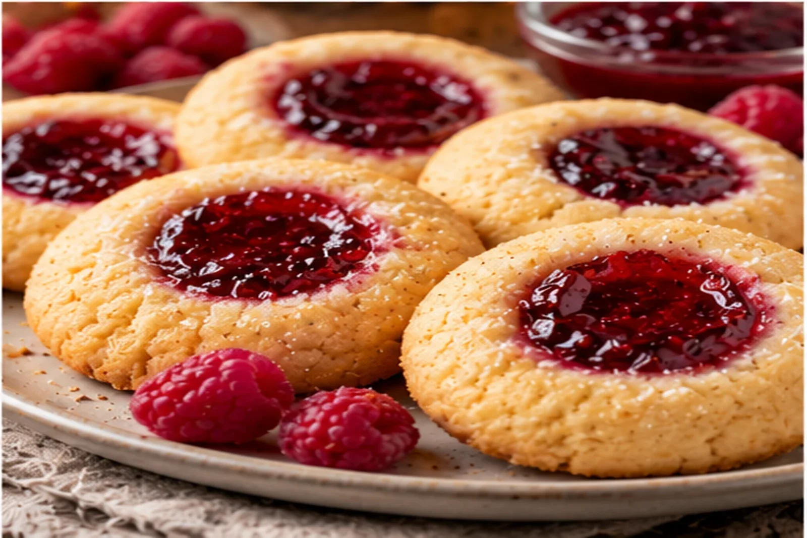 Jam-filled thumbprint cookies with raspberry centers