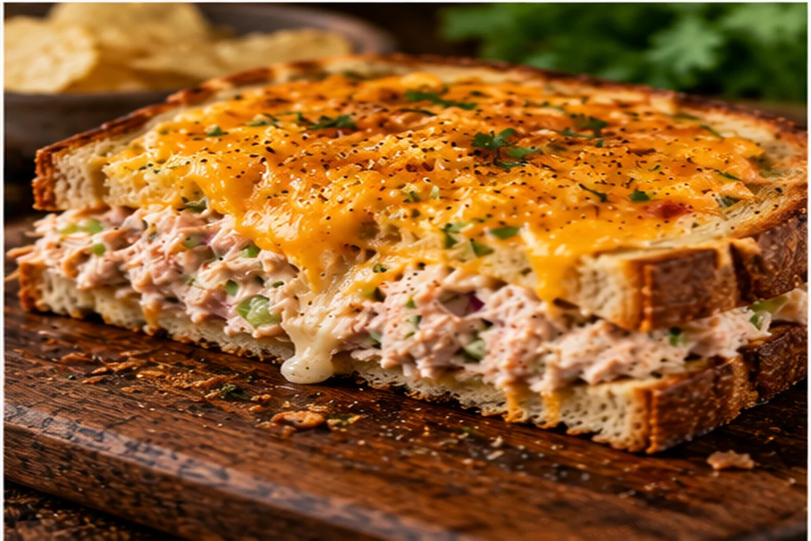 Open-faced tuna melt with creamy tuna salad and melted cheddar on toasted bread