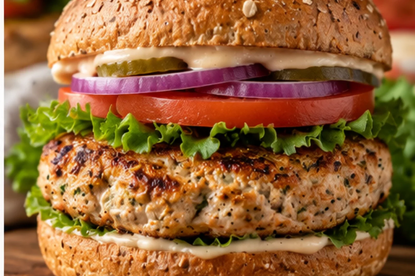 Juicy turkey burger with lettuce, tomato, red onion and pickles on a seeded bun