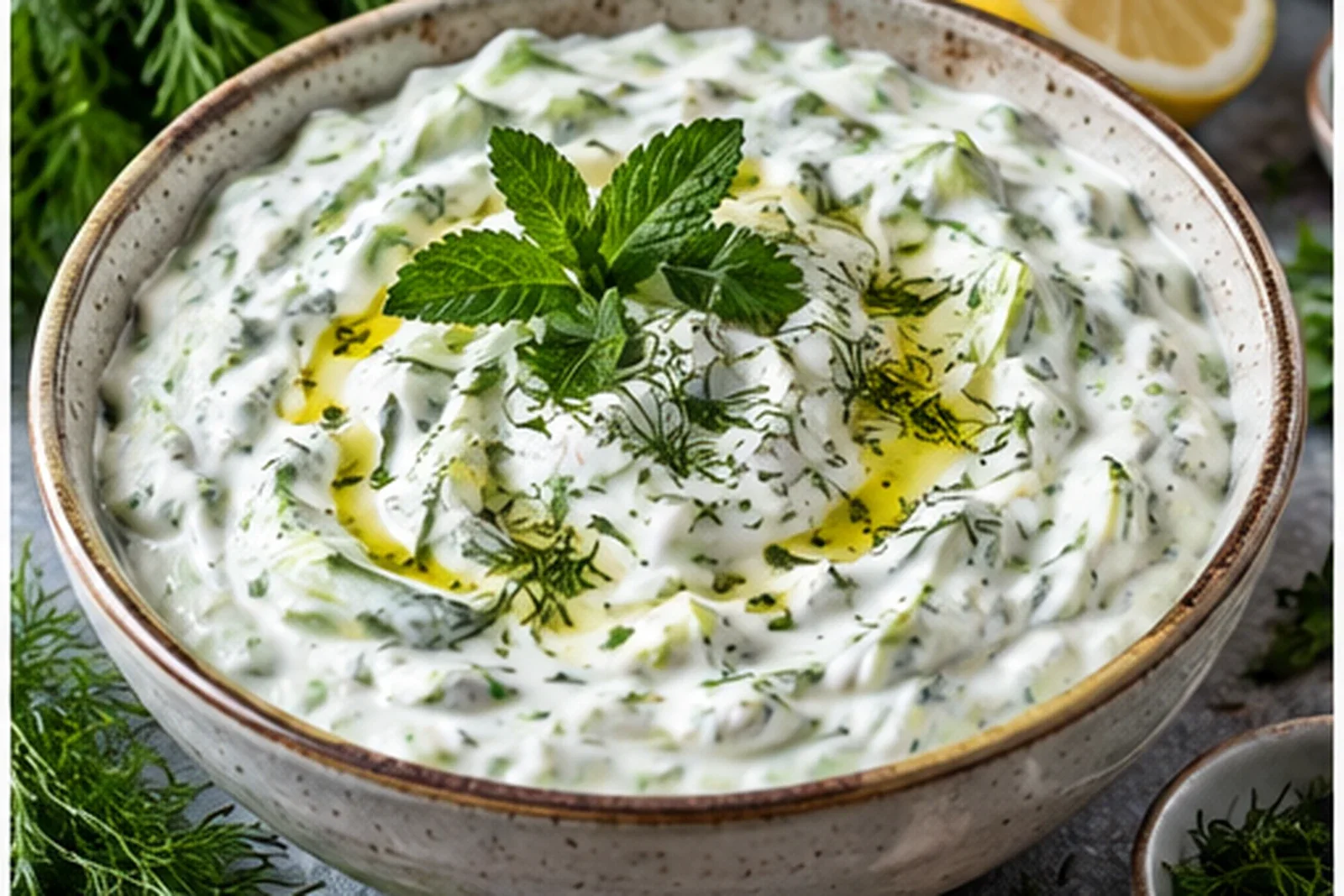 Thick Greek yogurt tzatziki with cucumber, dill, mint, lemon and olive oil