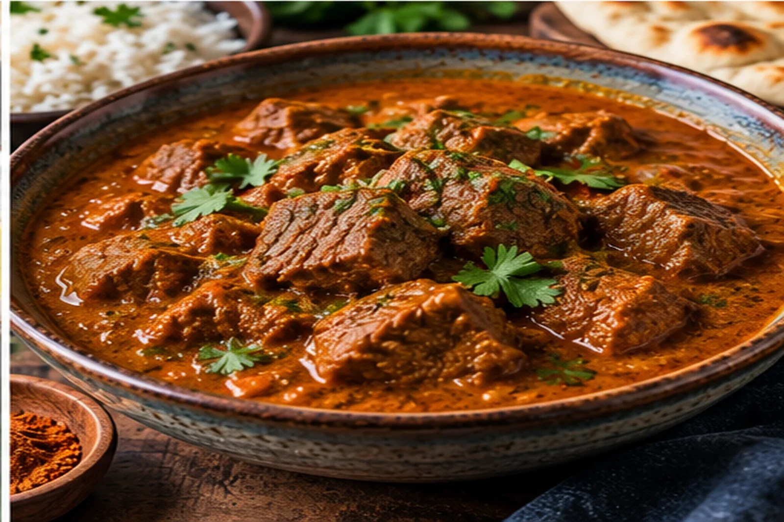 Colorful vegetable curry with golden sauce, tender vegetables, fresh herbs and rice