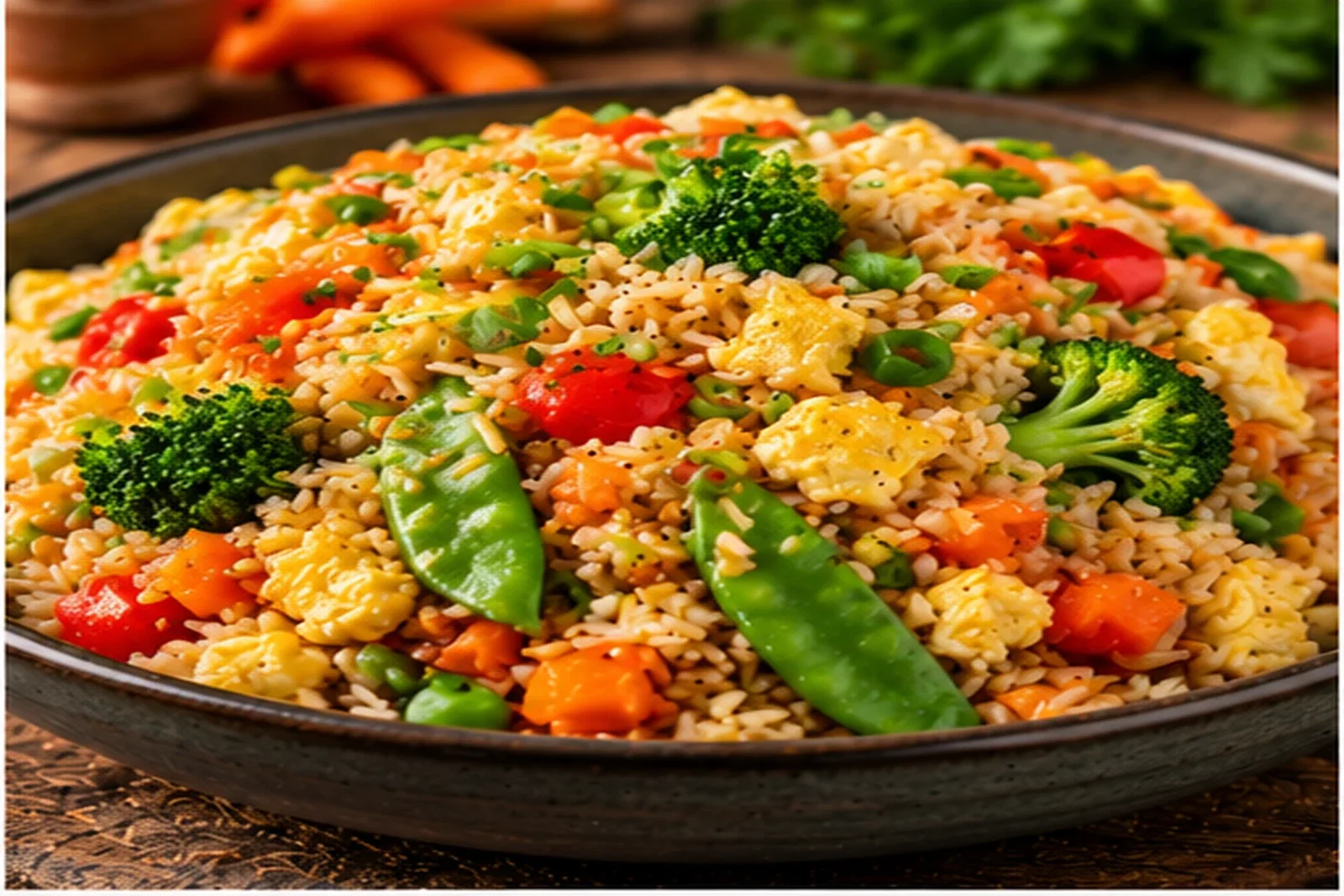 Colorful vegetable fried rice with broccoli, peppers, carrots, peas and egg