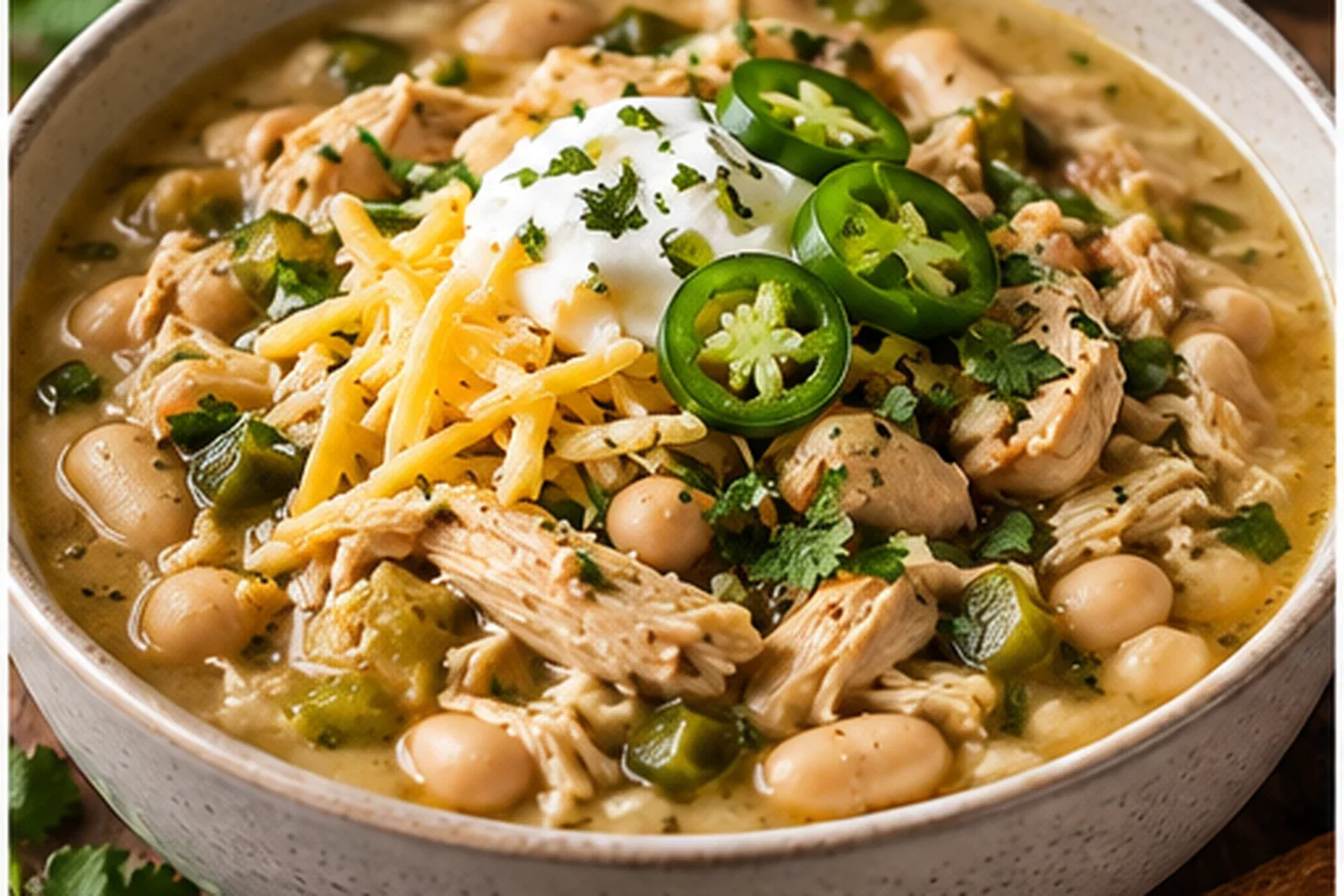 Creamy white chicken chili with white beans, shredded chicken, cheddar, cilantro and jalapeño