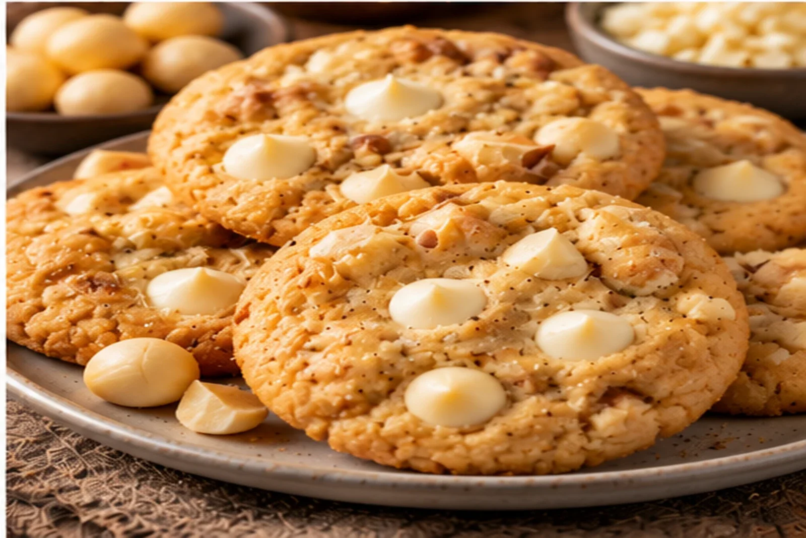 Chunky white chocolate macadamia cookies with golden edges