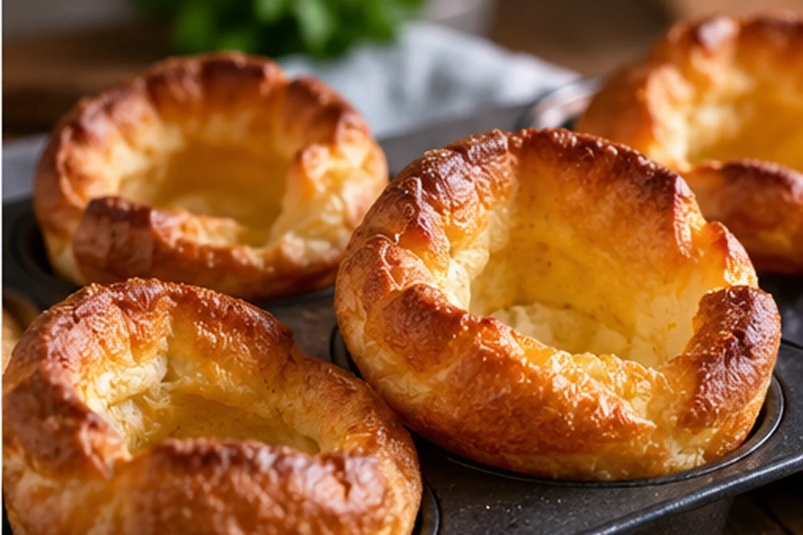 Golden Yorkshire puddings with tall crisp sides and hollow centers